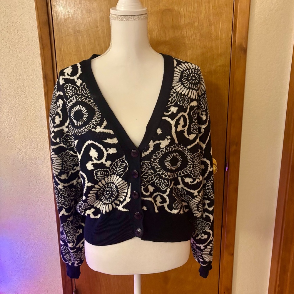 Jones New York Blue and White Floral Patterned Cardigan
